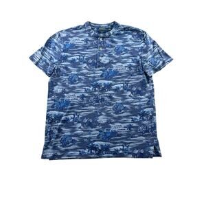 Polo Ralph Lauren Featherweight Mesh Henley Shirt Mens Small S Blue Aloha Floral